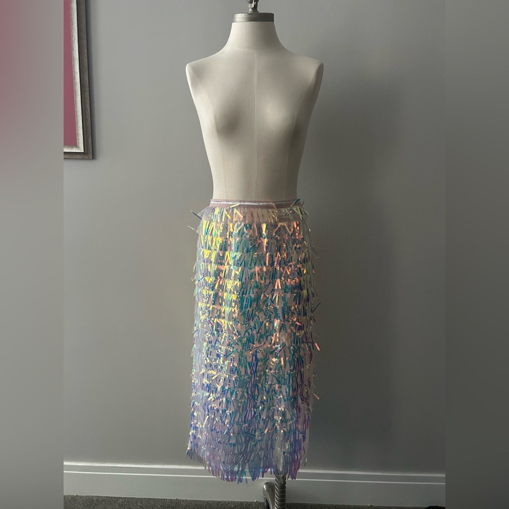 Anthropologie Endless Rose Fringe Iridescent Midi Skirt
